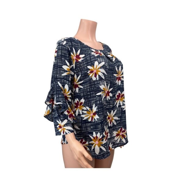 VAN HEUSEN Women SZ M Navy Blue Floral Basic Casual Top Blouse Ruffle 3/4 sleeve - Picture 13 of 16